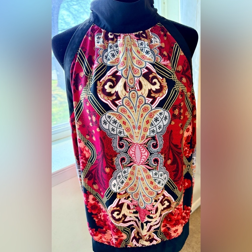 Jones New York chic sleeveless halter mock neck red black gold dressy top Lg EUC - Picture 2 of 12